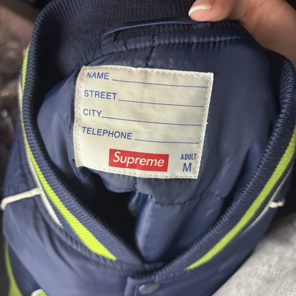 Supreme Team Varsity Jacket Navy Lime Green FW20 Script Logo NY Spellout Size M